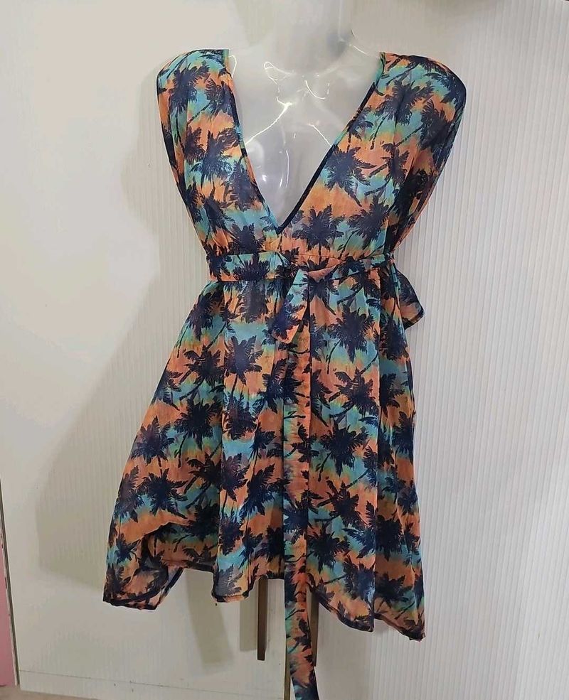 kaftan Tropical Print Mini Dress