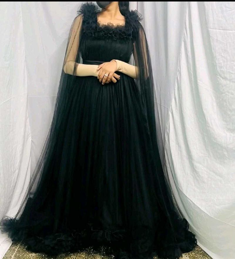 Elegant Black Gown with Cape