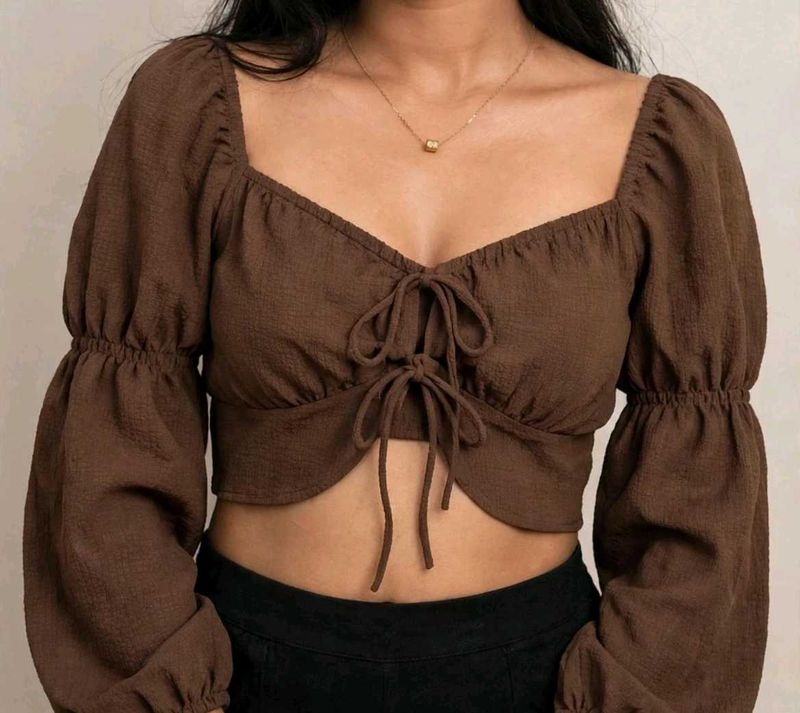 Brown Tie-Front Puff Sleeve Top