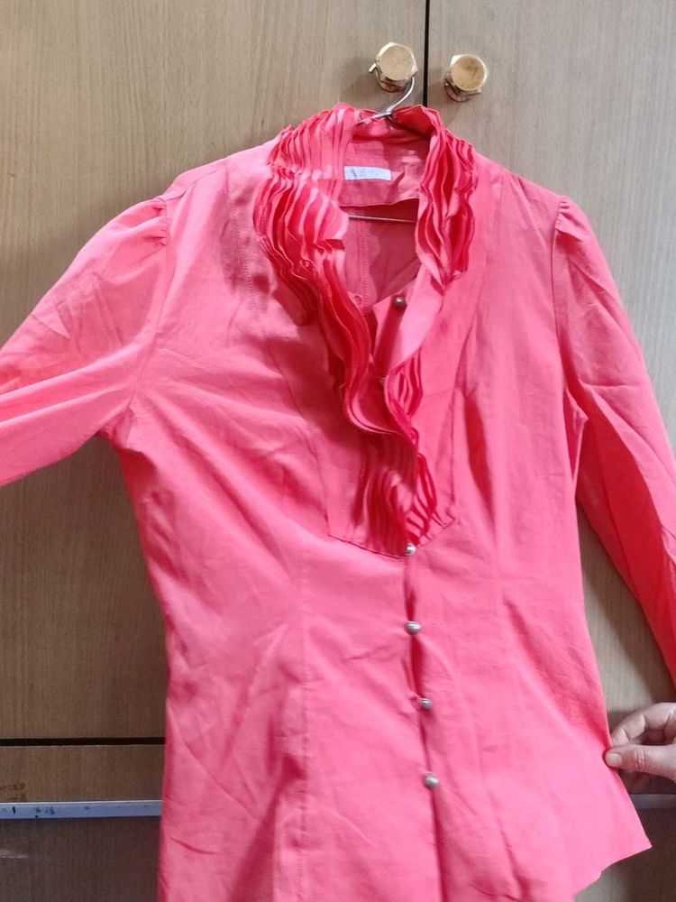Elegant Pink Blouse with Ruffled Neckline