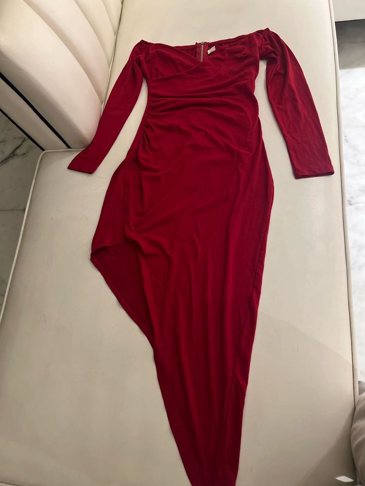 Red Off-Shoulder Ruched Asymmetrical Dress