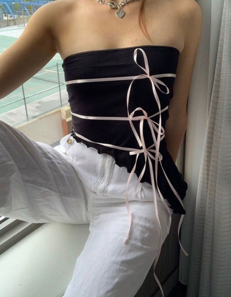 Black Strapless Top with Pink Ribbon Detail