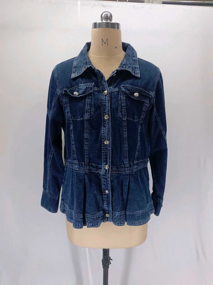 Dark Wash Denim Jacket with Pleated Hem