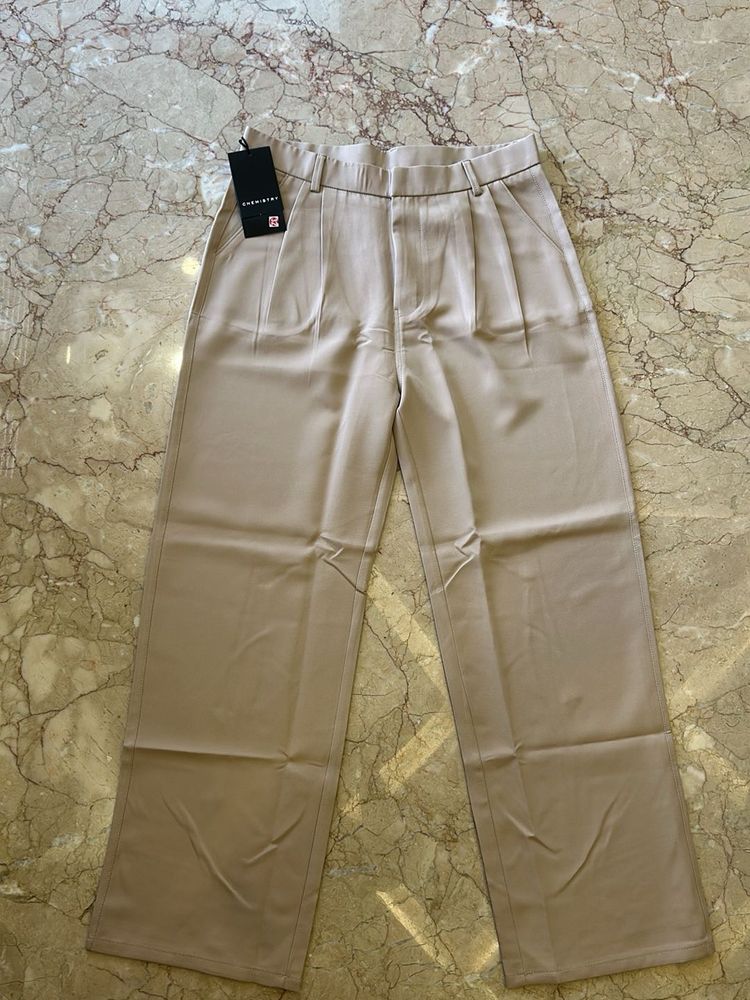 Beige High-Waisted Wide-Leg Trousers