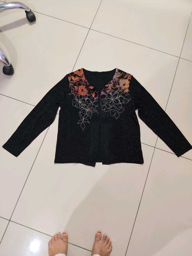 Sparkly Black Cardigan with Floral Accent