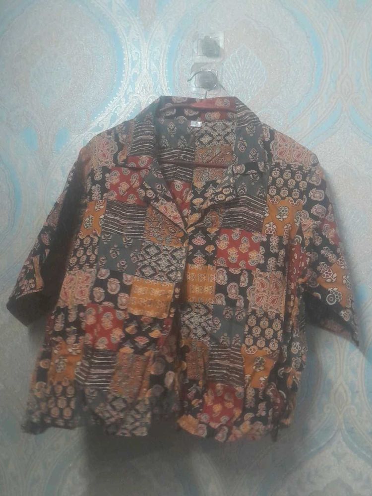 short Boho Patchwork Print Shirt