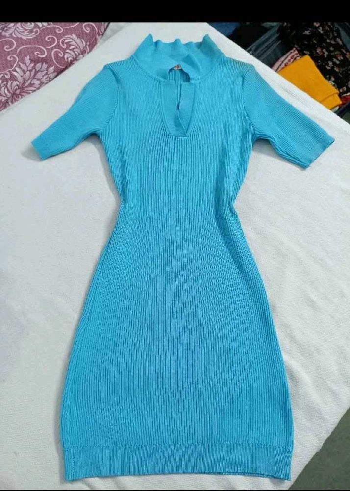 Blue Ribbed Knit Midi Dress