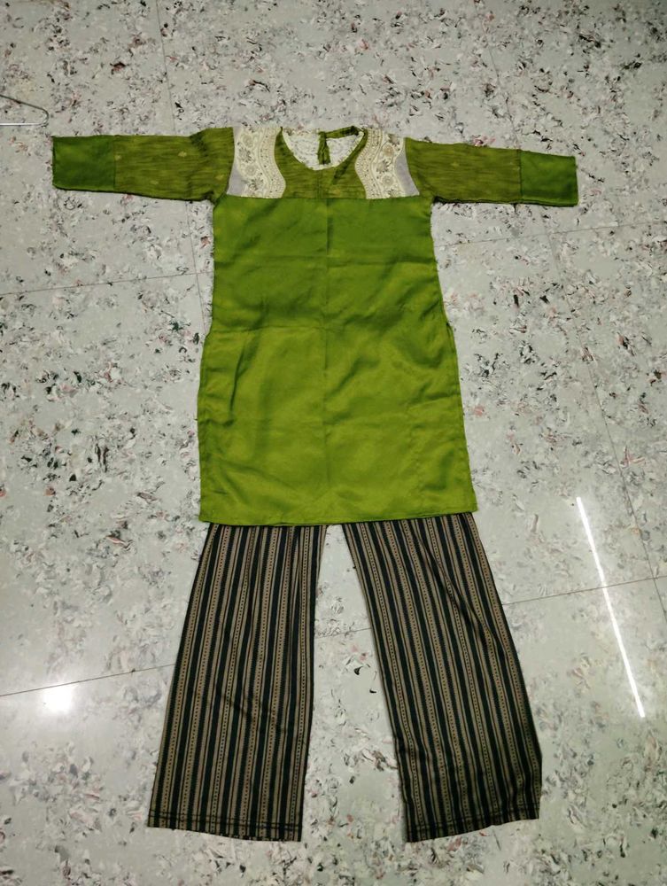 Green Kurti with Striped Pants