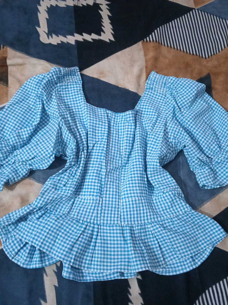 Crop Blue Gingham Square Neck Top