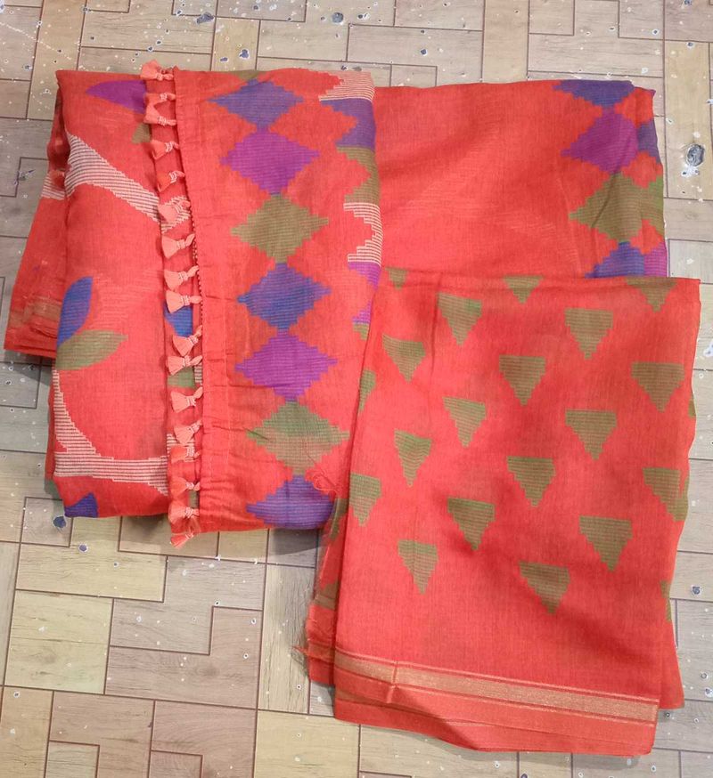 Orange Printed Saree with Tassels &amp; Blouse Piece