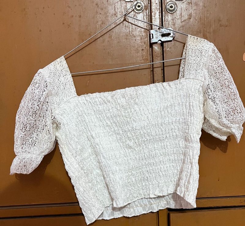 White Lace Sleeve Crop Top