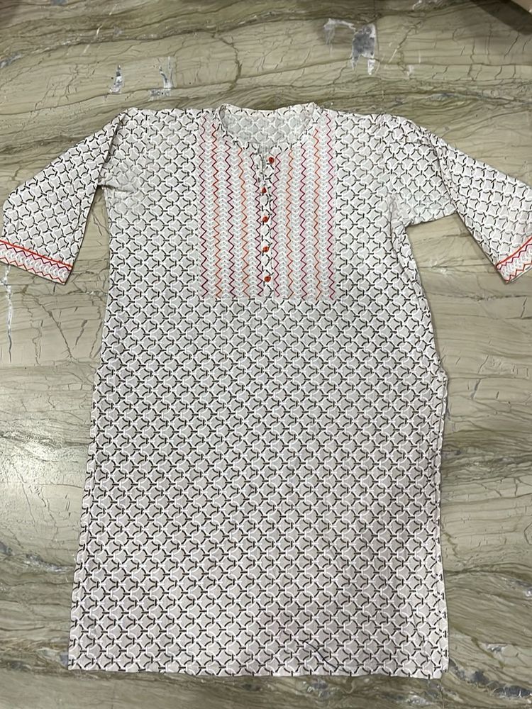 White Printed Kurta with Red Embroidery