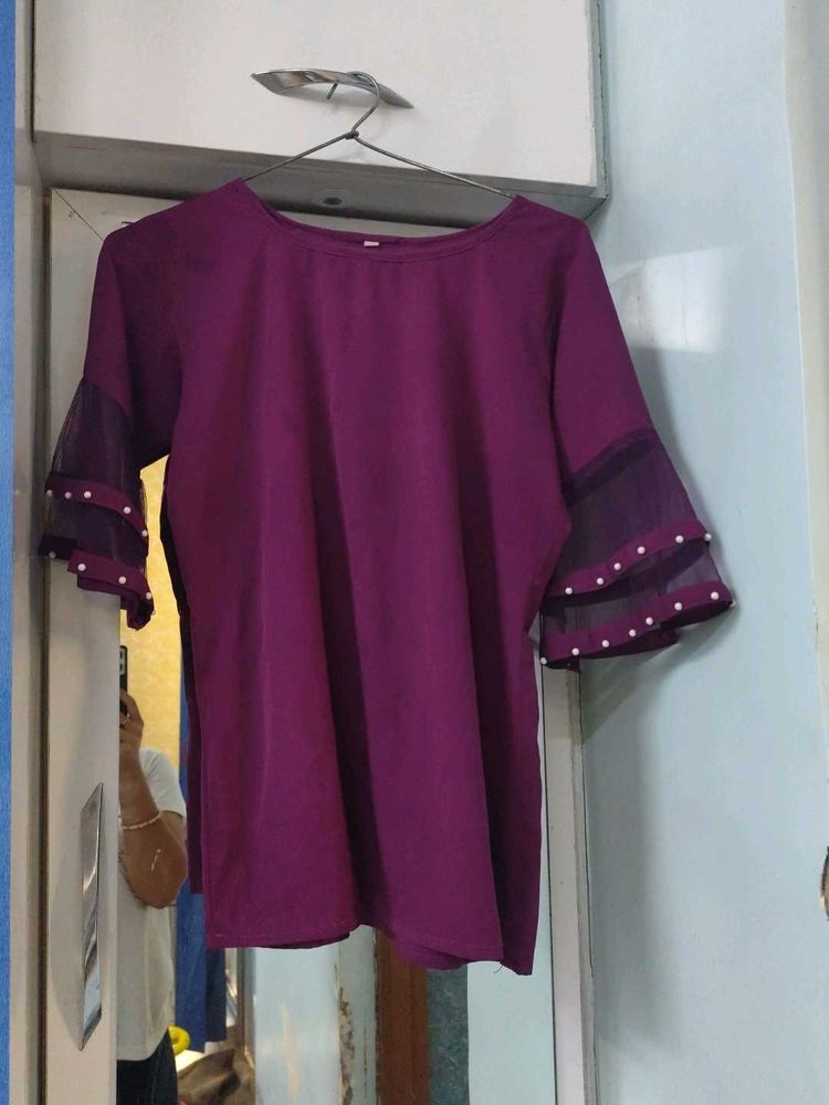 Purple Bell Sleeve Top with Pearls
