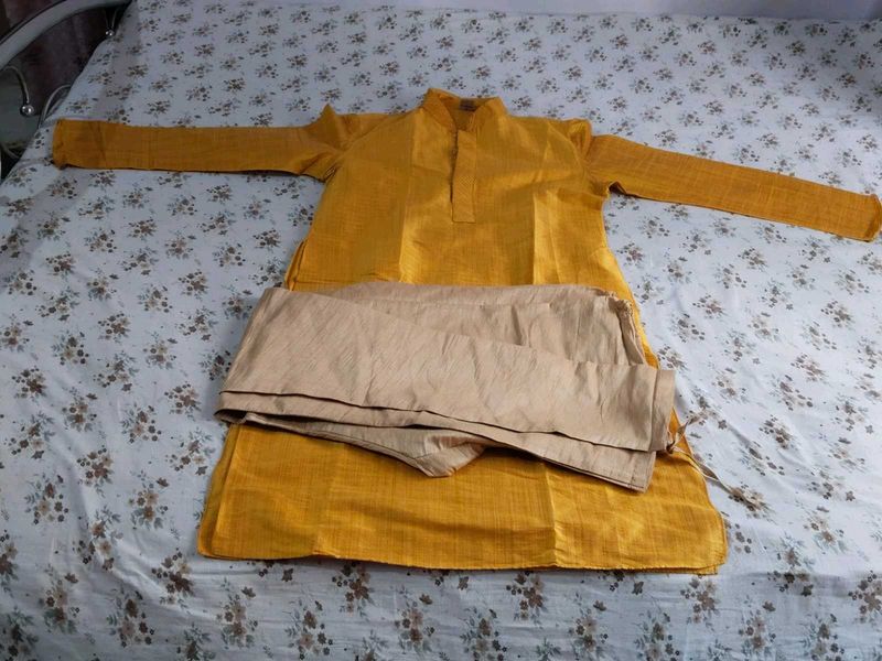 Manyavar Men's Yellow Kurta with Beige Pants