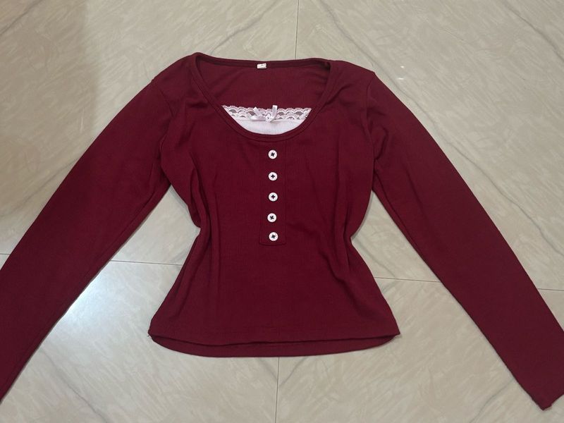 Maroon Henley Top with Lace Trim