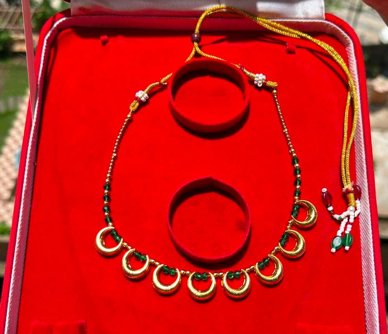 Gold Plated Necklace with Green Beads