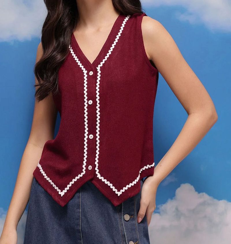 Maroon Sleeveless V-Neck Top