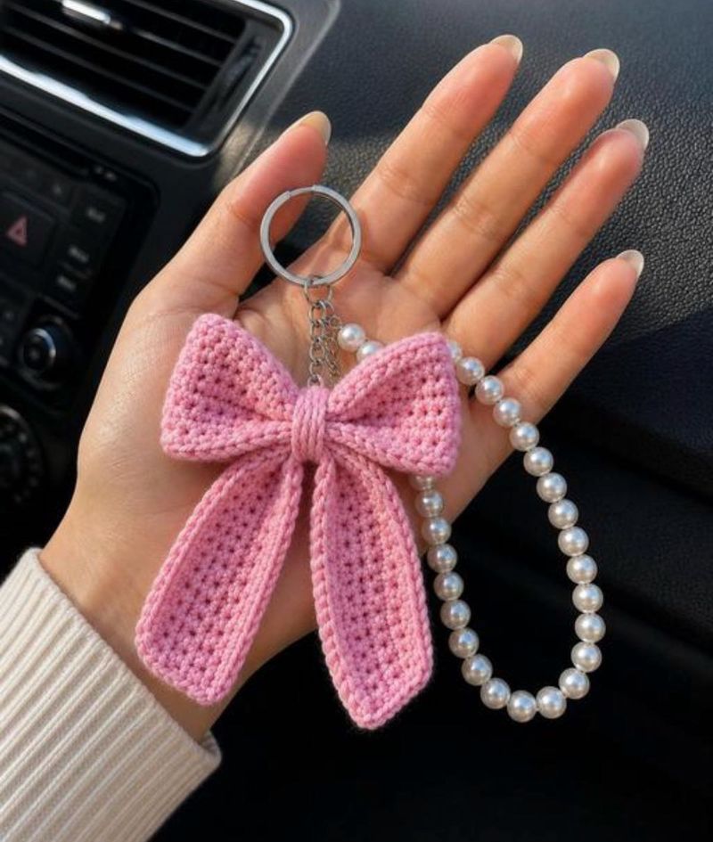 Pink Crochet Bow Keychain