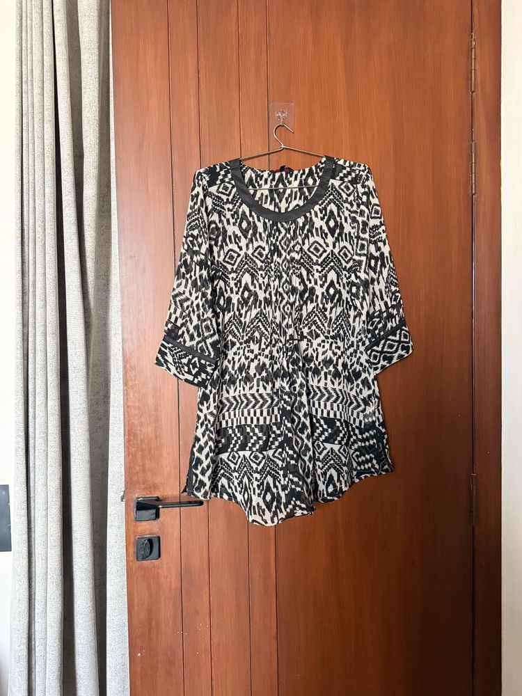 Boho Black &amp; White Ikat Print Kurta