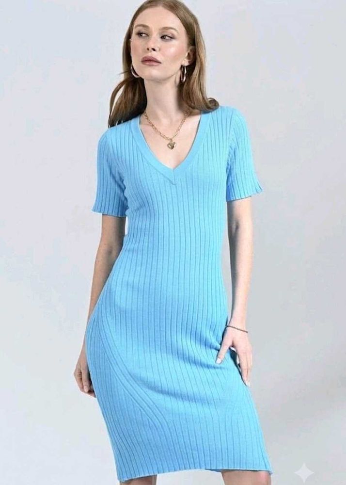 Light Blue Ribbed V-Neck Dress