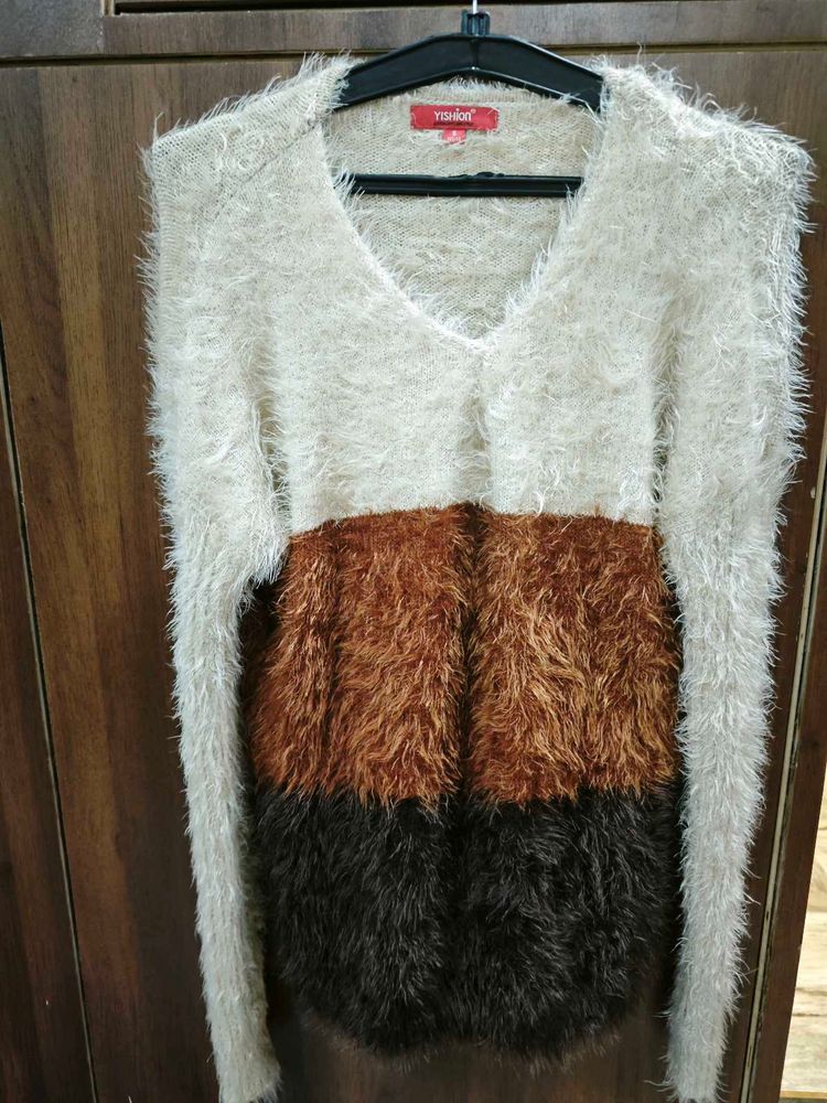 Cozy Fluffy Striped V-Neck Sweater