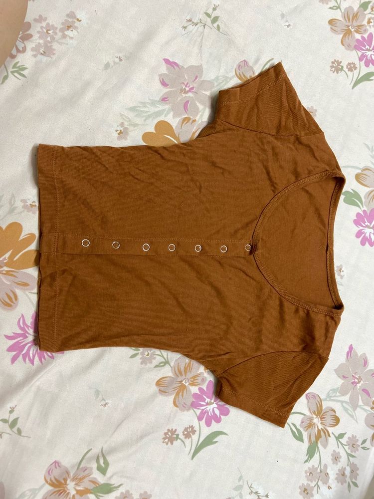 Brown Snap Front Cropped Top