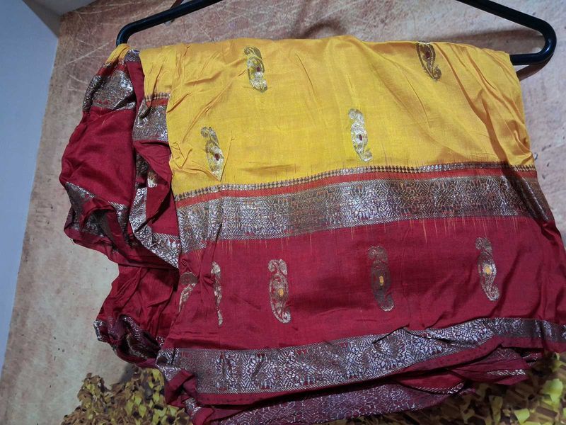 Elegant Yellow &amp; Red Silk Saree