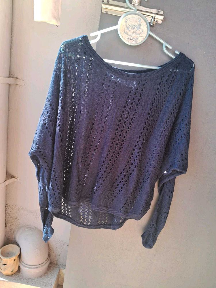 Navy Blue Knit Open Weave Top