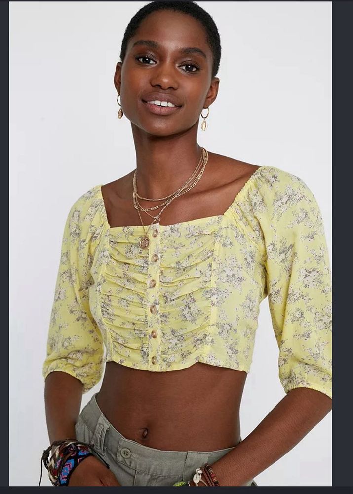 Yellow Floral Cropped Button-Up Top
