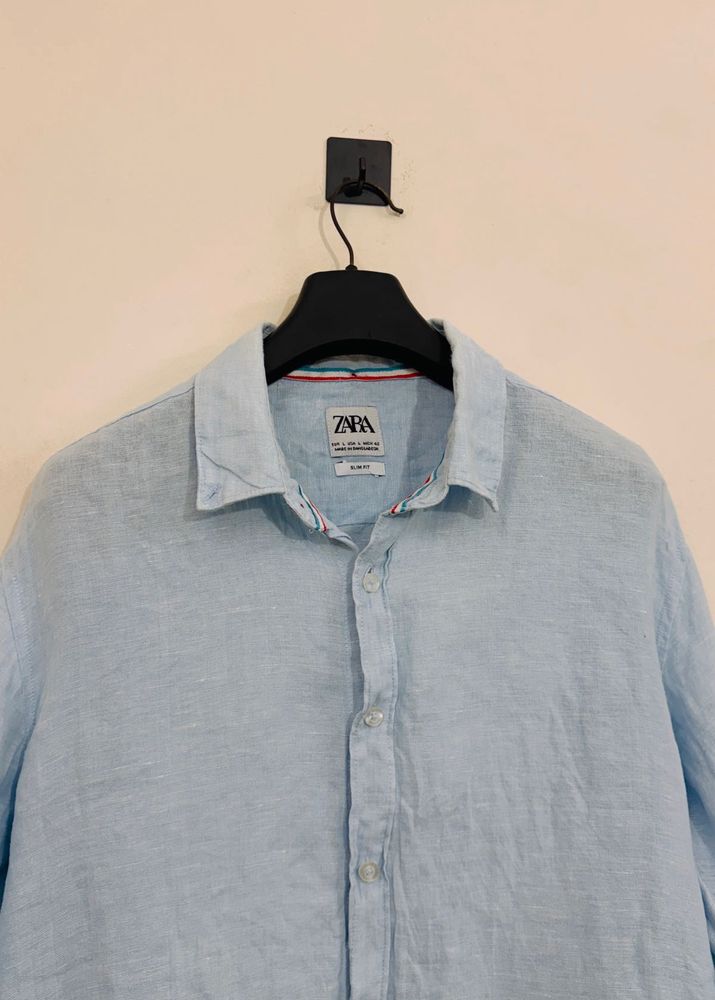 Zara Men's Light Blue Linen Shirt