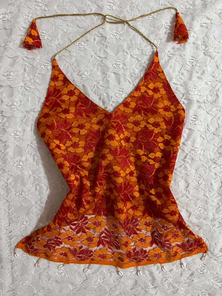 Orange Floral lacy Halter Neck backless top