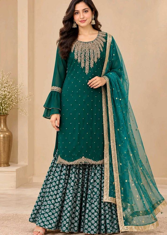 Elegant Teal Embroidered Kurta Set with Sharara