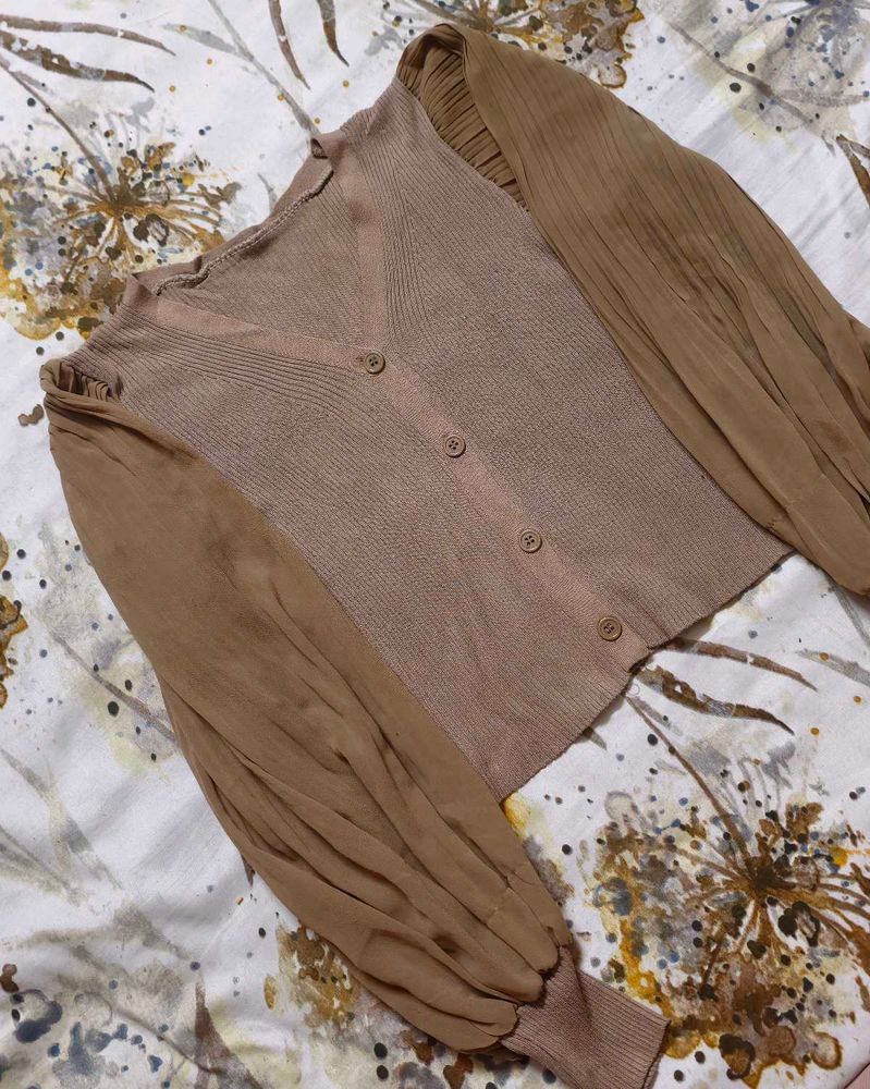 Beige Ribbed Puff Sleeve Top