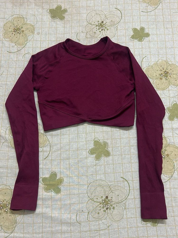 Burgundy Cropped Long Sleeve and Pant active wear