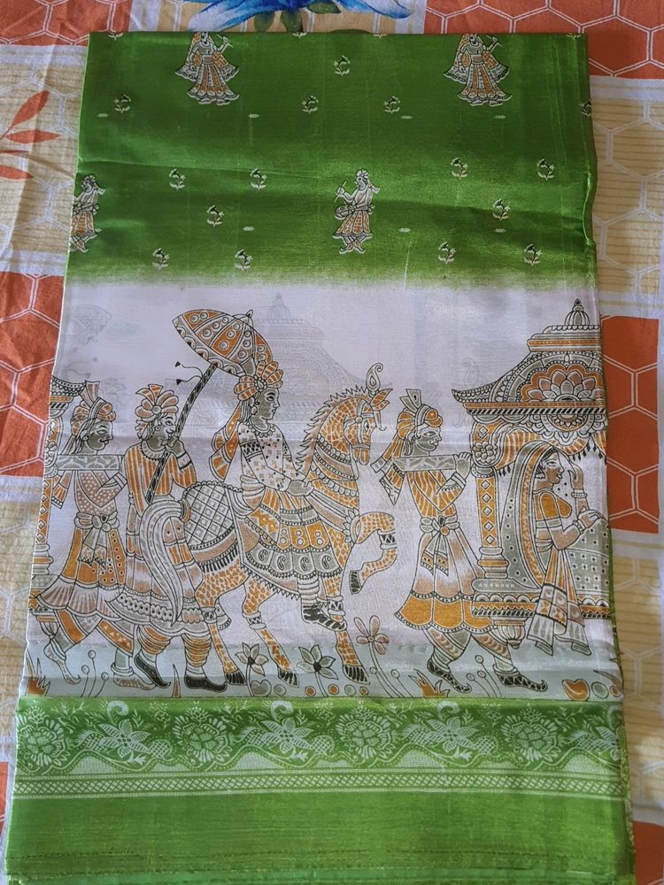 Green &amp; White Illustrated Saree