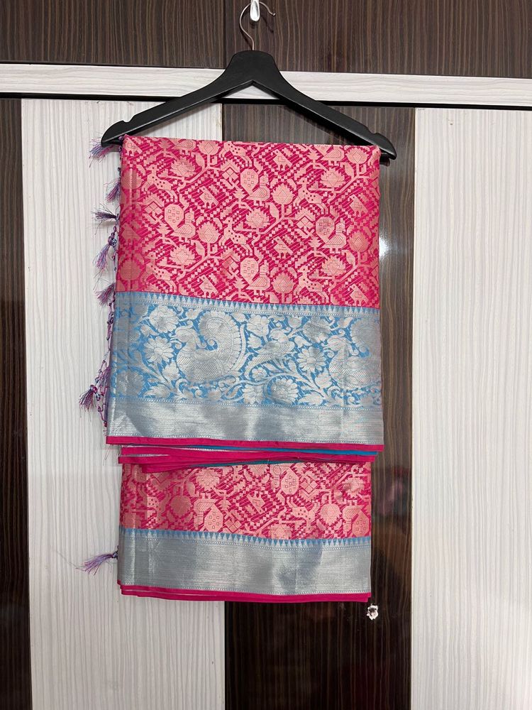 Stunning Pink &amp; Silver Silk Saree