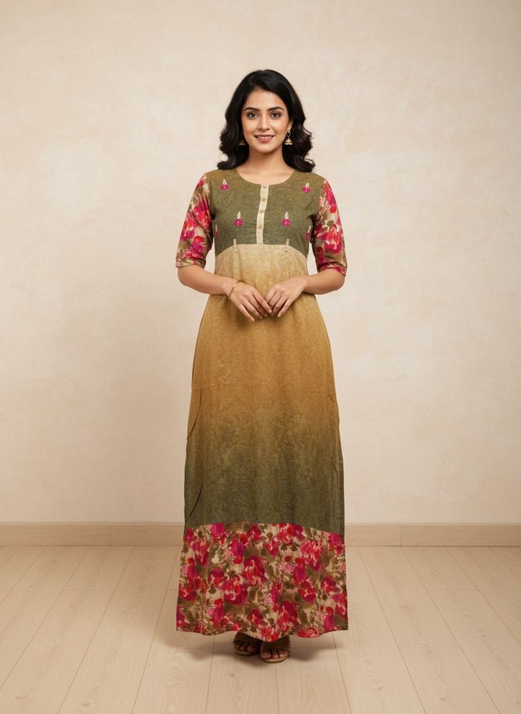 Floral Print Green &amp; Beige Kurta
