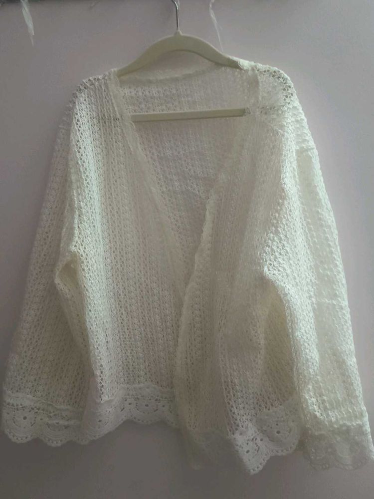 Cream Lace Trim Knit Cardigan