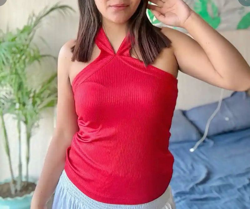 Red Ribbed Halter Neck Top