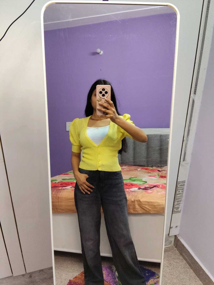Yellow Puff Sleeve Cardigan