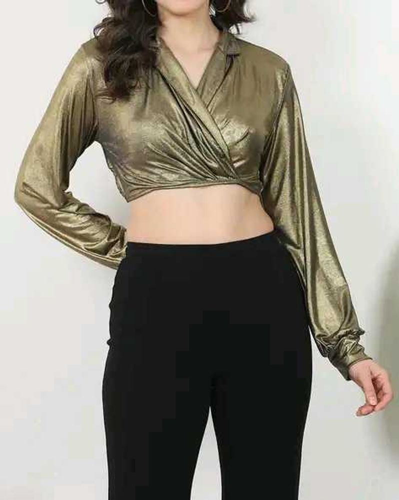 Shein Lapel Collar Cuffed Sleeve Shimmer Crop Wrap