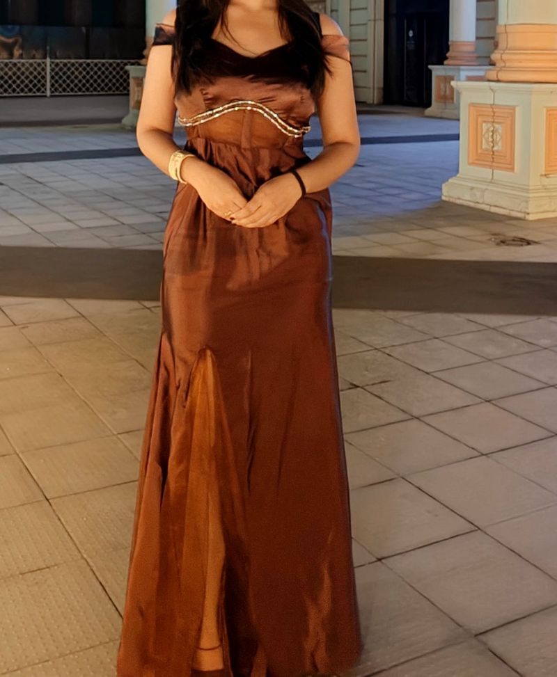 Elegant Brown Off-Shoulder Gown