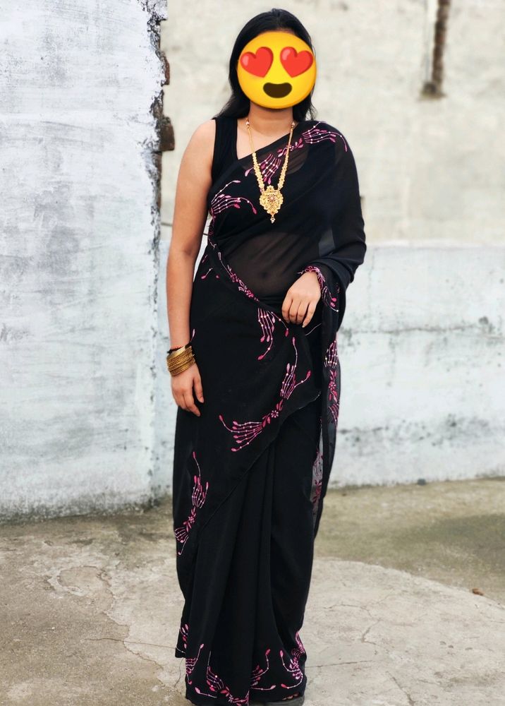 Beautiful Hand Work Black Saree