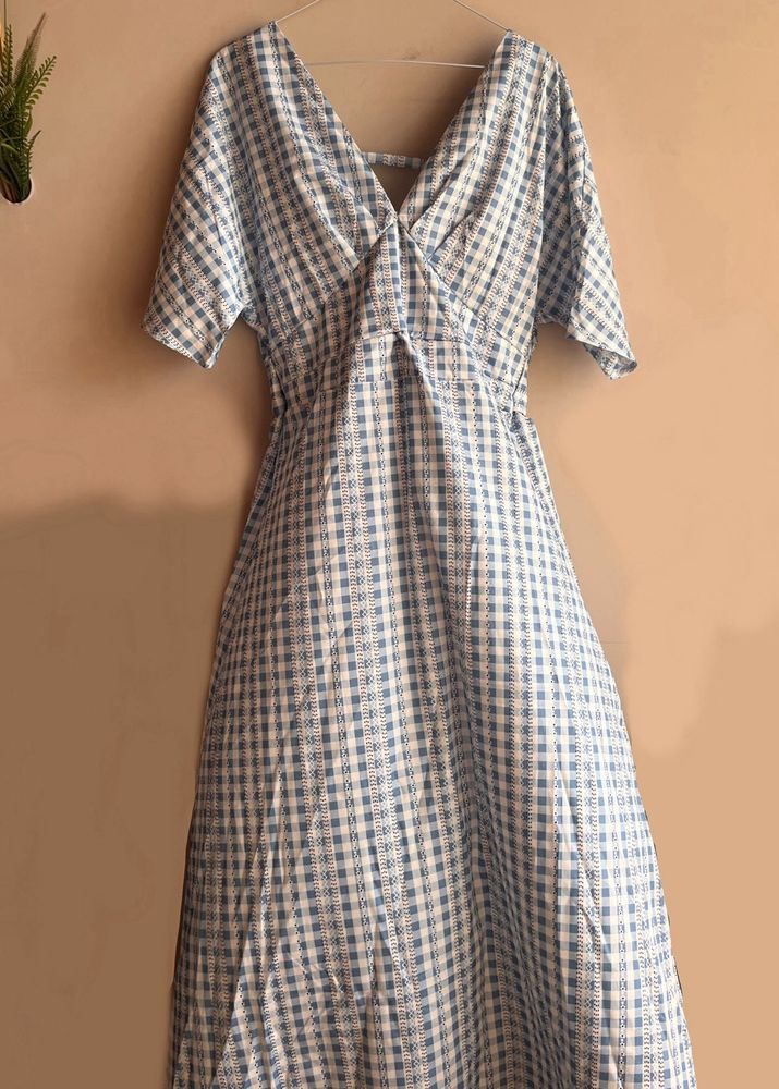 Blue Gingham Maxi Dress with Back Tie