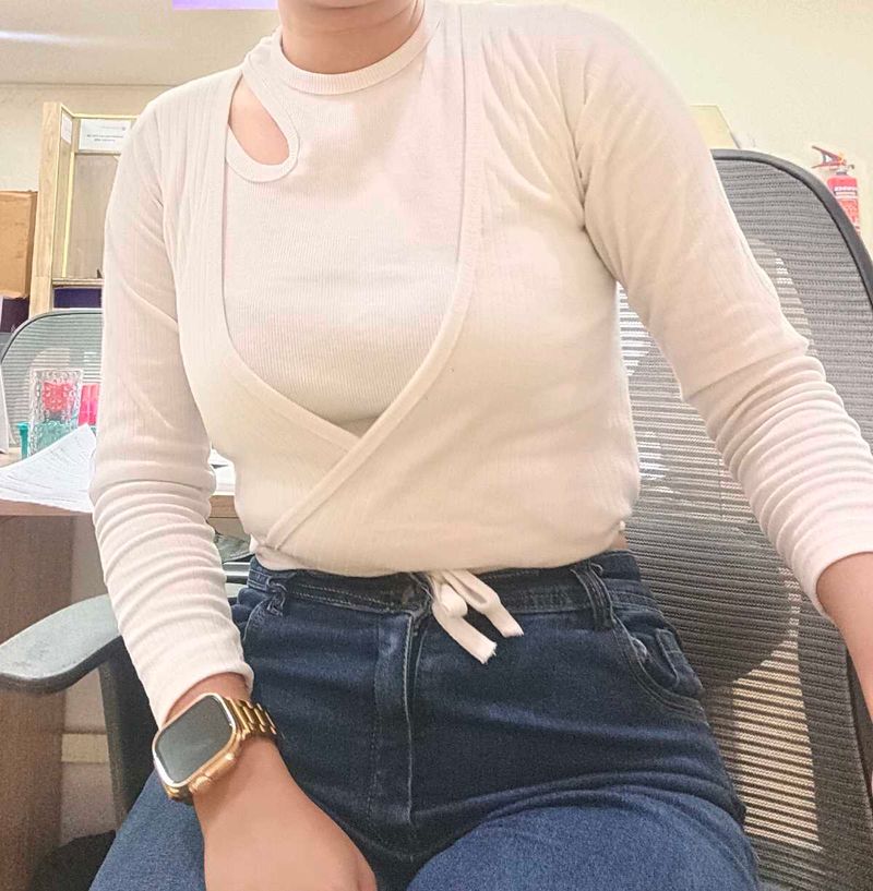Cream Wrap Top with Cutout Detail