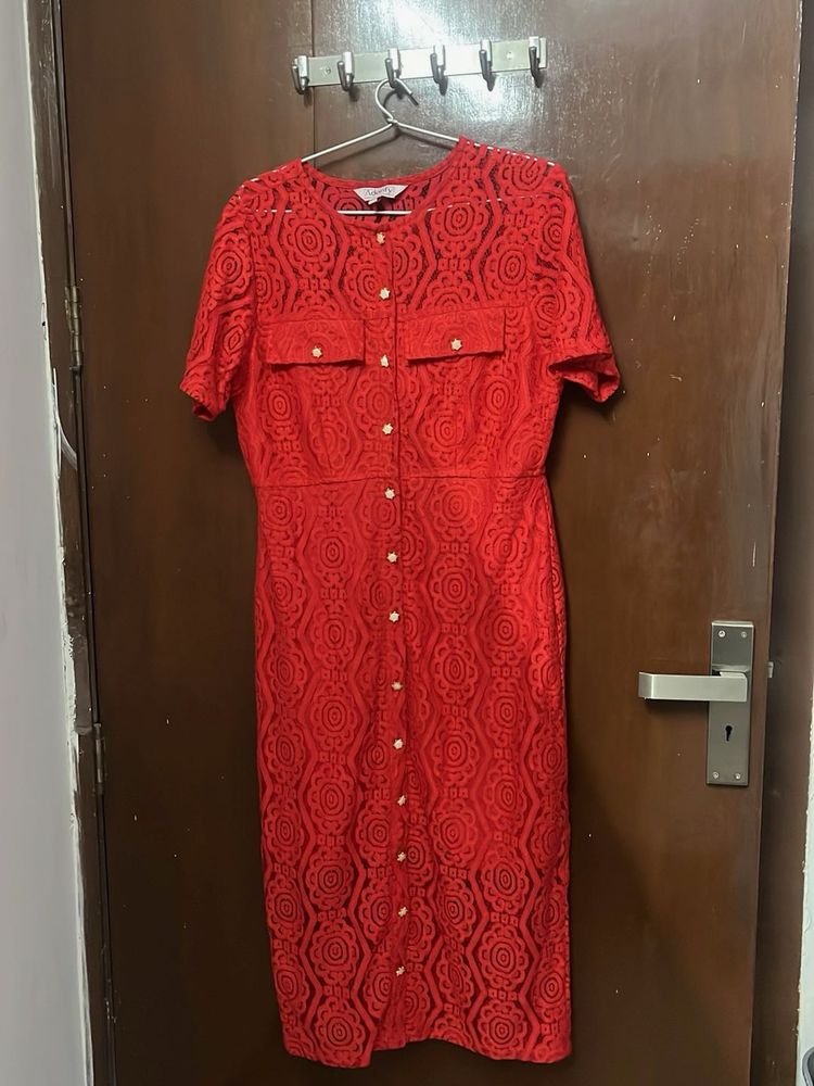 Elegant Red Lace Button-Up Dress