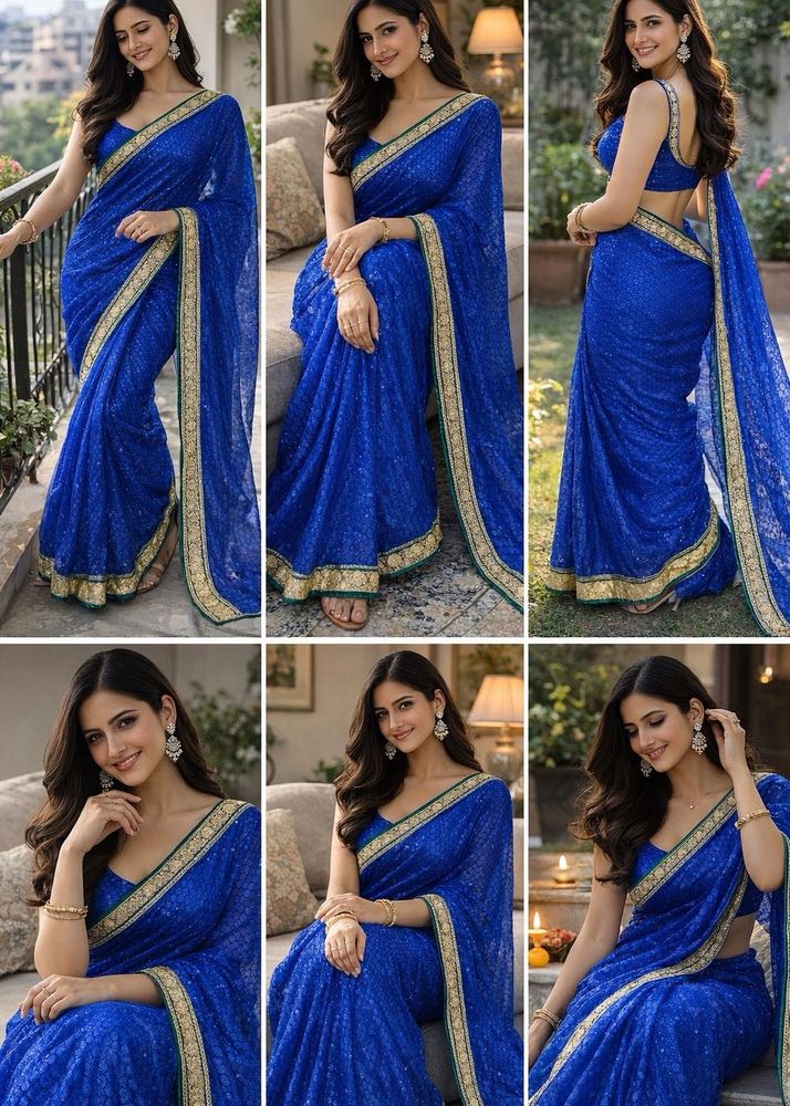 Blue Saree with Gold Border light weight