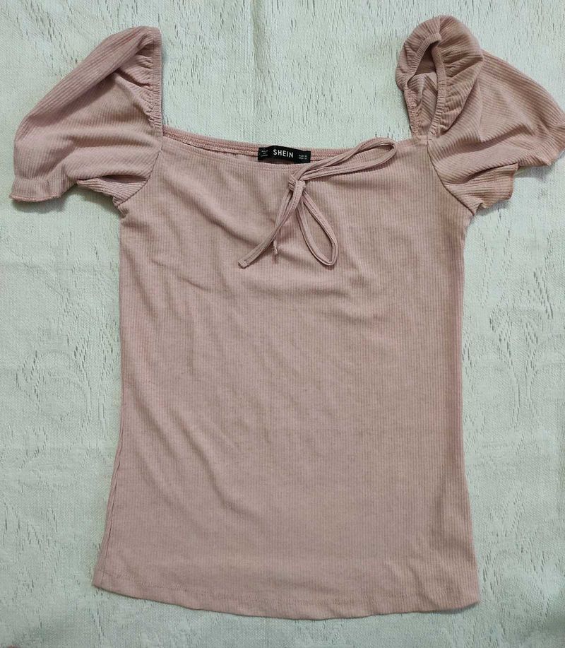 Pink Puff Sleeve Tie Front Top