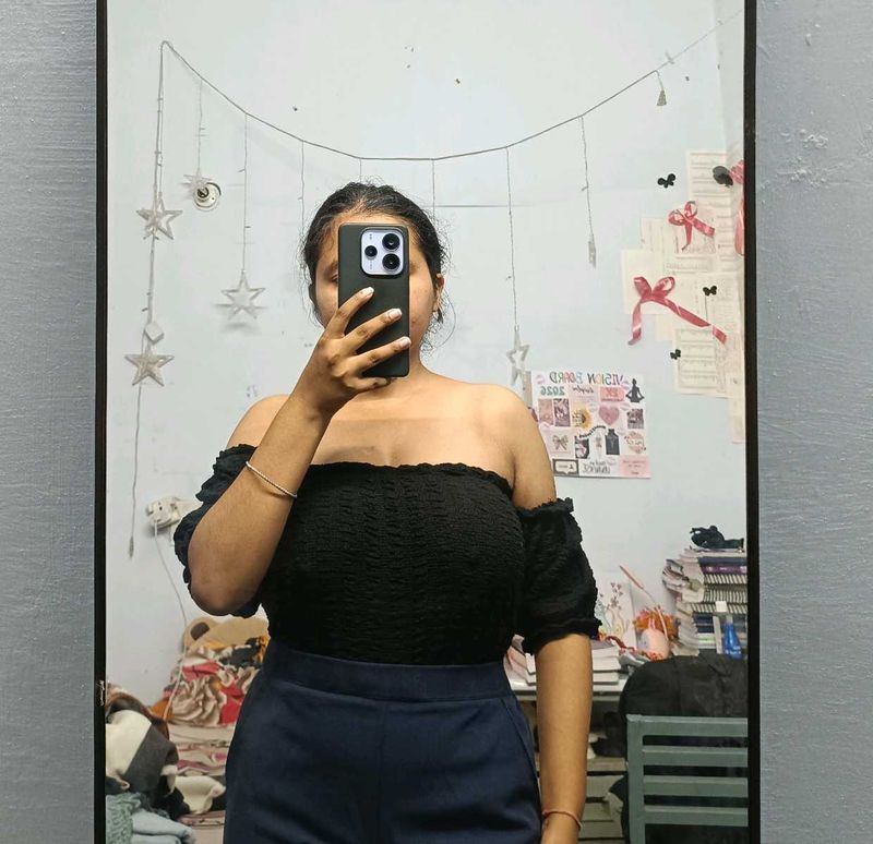 Black Off-Shoulder Smocked Crop Top