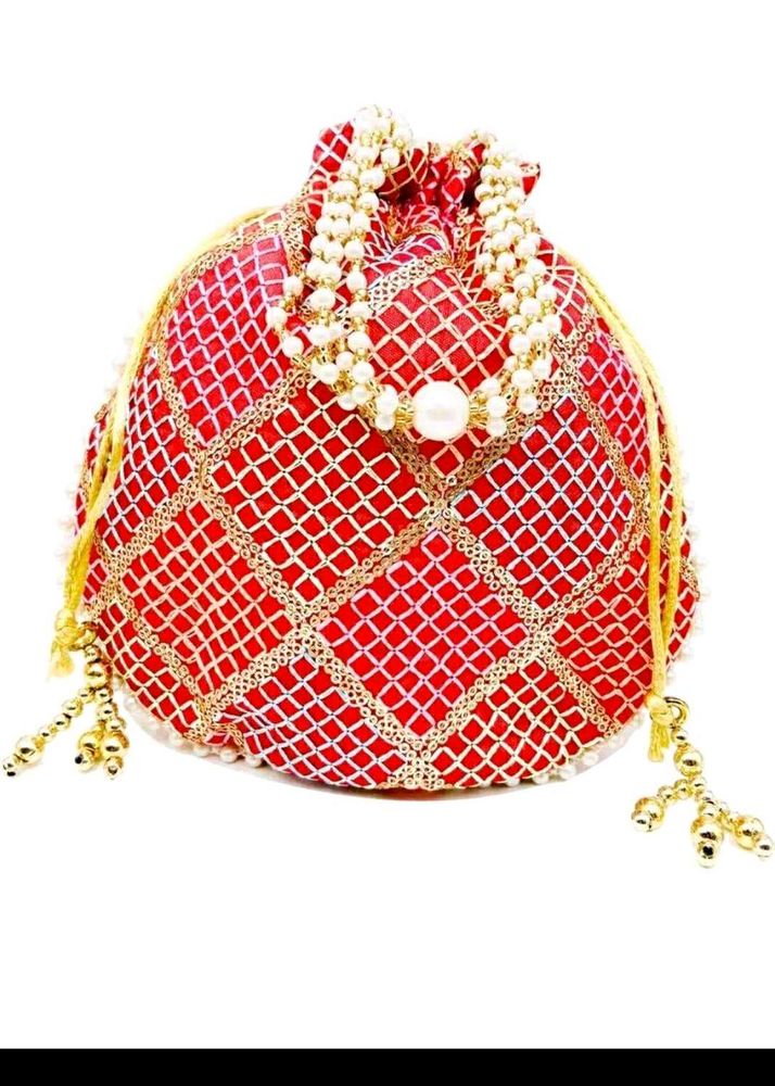 Elegant Red Potli pouch with Pearls